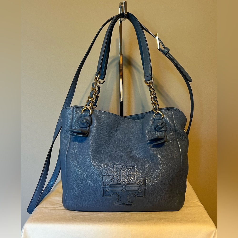 Tory Burch Harper Wallis Blue Leather Satchel w/Chain Handles & Crossbod…